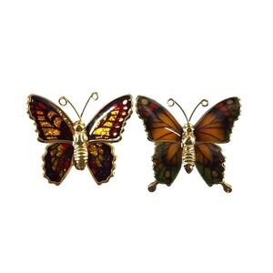 Vintage Style Gold Tone Enamel Butterfly Brooch Pin Set Amber Brown 2 Piece